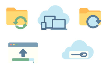 Essential flat design icons for digital data management, cloud storage, upload, and synchronization