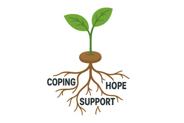 Mental health growth concept showing seedling roots labeled coping and hope
