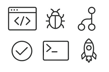 Six outline icons for software development, coding, debugging, and project launch