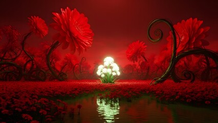 A surreal red landscape with glowing white flowers and twisted vines reflected in water