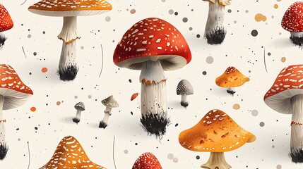 Whimsical pattern of red and white spotted amanita muscaria mushrooms