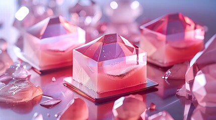 Sparkling pink crystal formations on a reflective surface