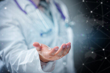 Doctor pointing at virtual medical interface. Concept of diagnostics, telemedicine, healthcare technology and digital innovation.