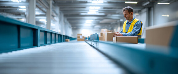 Warehouse worker inspecting cardboard boxes on conveyor belt in modern industrial facility with safety vest