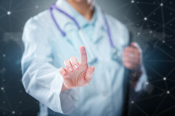 Doctor presenting open palm on modern medical background. Concept of healthcare technology, support, innovation and telemedicine.