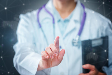 Doctor presenting open palm on modern medical background. Concept of healthcare technology, support, innovation and telemedicine.