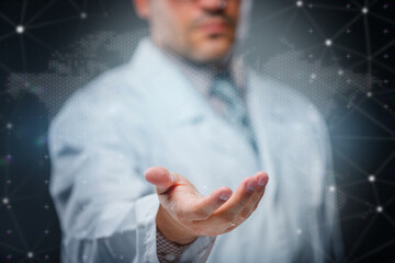 Doctor pressing forward in a futuristic medical environment. Concept of health technology, diagnostics, innovation and telemedicine.