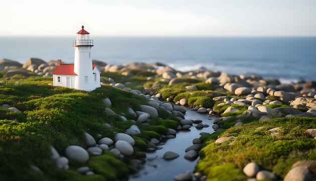 Scenic lighthouse on a rocky coast with greenery near the calm ocean waters at sunset