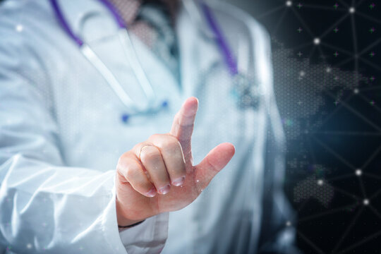 Doctor with stethoscope presenting open hand. Concept of healthcare innovation, telemedicine, digital diagnostics and medical support.