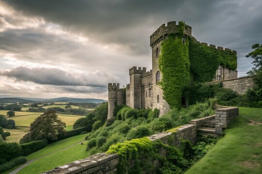 Beautiful Old Stone Castle with Green Ivy and Cloudy Sky Landscape. Shot with a wide-angle lens.