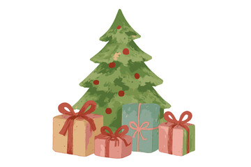 Stylized festive Christmas tree and wrapped presents isolated on a white background