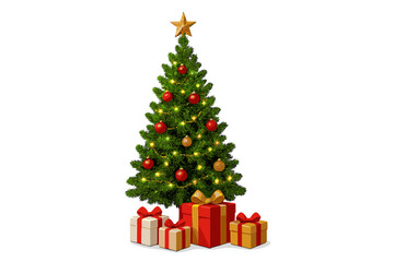 Festive Christmas tree decorated with glowing lights, red and gold ornaments, topped with a star, and wrapped gifts