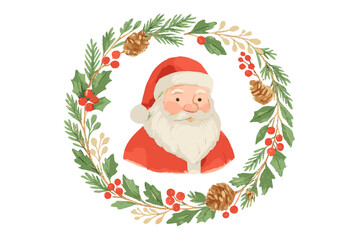 Festive watercolor portrait of Santa Claus framed by a Christmas wreath with holly and pine cones