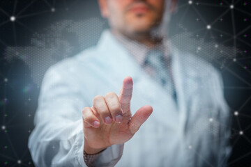 Doctor touching virtual space on modern medical tech background. Concept of healthcare technology, telemedicine, diagnostics and digital innovation.