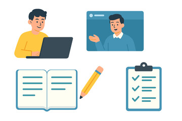 Student studying online with laptop, video conference, and remote learning materials