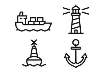 Outline icons set featuring cargo ship, lighthouse, anchor, and navigation buoy