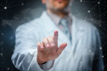 Doctor hand reaching toward digital medical background. Concept of healthcare innovation, global medicine, diagnostics and telehealth.