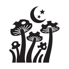Black and White Silhouette Vector of Mystical Mushrooms with Moon and Stars.