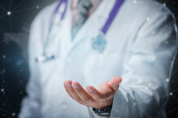 Doctor showing open palm on high-tech medical background. Concept of support, innovation, telemedicine and digital healthcare.