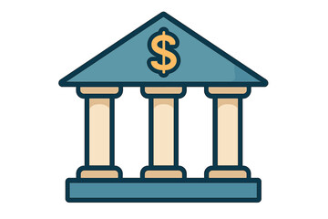 Classical bank building facade featuring three columns and prominent dollar currency symbol