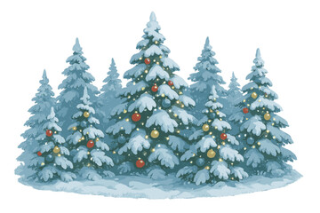 Group of snow-covered evergreen trees decorated with colorful Christmas balls and bright lights