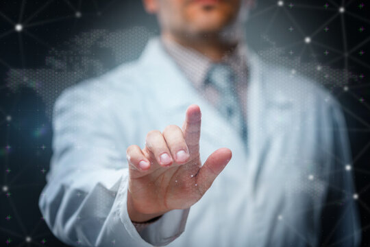 Doctor hand reaching toward digital medical background. Concept of healthcare innovation, global medicine, diagnostics and telehealth.