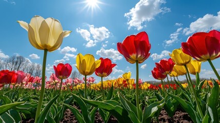 Fototapeta premium Vibrant Tulip Field Under Bright Sunlight with Colorful Blooms