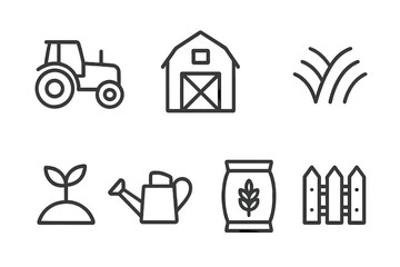 Essential farming and agriculture symbols set featuring tractor, barn, and crops