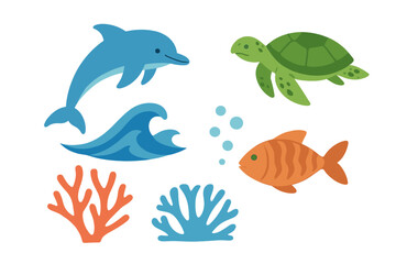 Cute marine life set including dolphin, sea turtle, fish, coral, and ocean wave icons