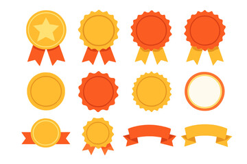 Gold and orange award badges, quality seals, rosettes, and decorative ribbons set