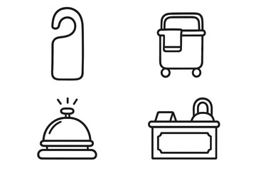 Hotel service set with reception desk, housekeeping cart, bell, and door hanger