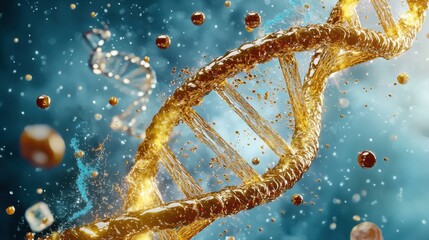Golden DNA Helix on a Blue Background with Abstract Particles