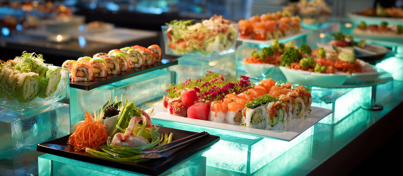 sushi buffet station with an array of fresh rolls, sashimi, catering service concept
