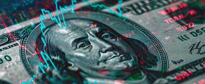 The Hundred-Dollar Banknote with Stock Market Charts and Digital Data Overlay