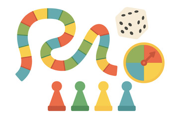 Colorful set of classic board game elements featuring pawns, dice, spinner, and a winding path track © Andrei
