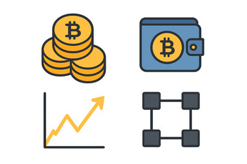 Bitcoin digital wallet, blockchain network graph, and cryptocurrency finance technology symbols