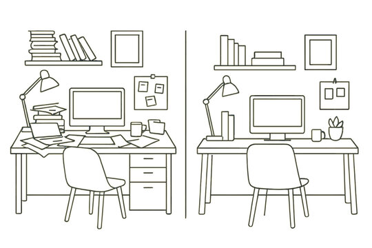 Contrast between messy disorganized desk and clean organized home environment