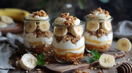 Delicious banana yogurt parfaits in jars with granola and honey
