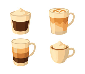 Obraz premium Coffee drink set, mugs, lattes, cappuccino, flat vector illustration