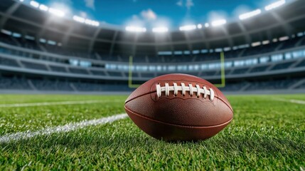 Realistic American Football on Field in Stadium with Bright Lights