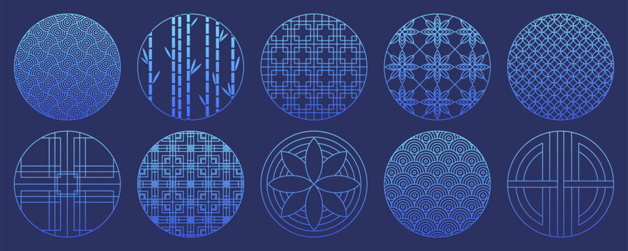 Circle frame collection in Japanese tradition style with Asian pattern elements. Vintage oriental design of geometric ornaments, symbolic shapes and decorative motifs inspired by Japan culture and art