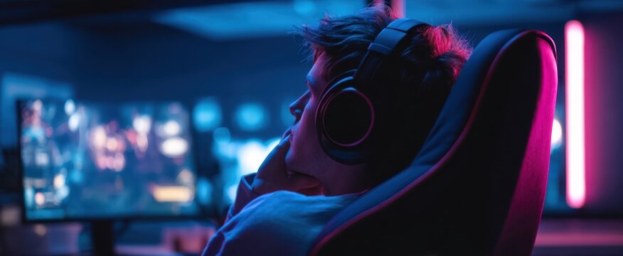 The Gamer Relaxing in Neon Lit High Tech Gaming Setup with Multiple Monitors