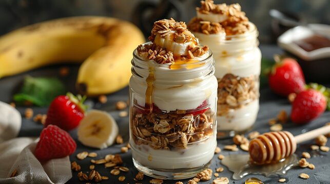 Delicious layered yogurt parfait with granola and fruit