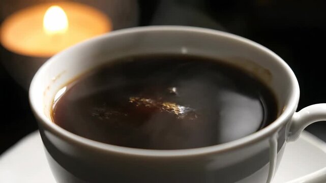Close-up of sugar cubes in steaming black coffee with a candle