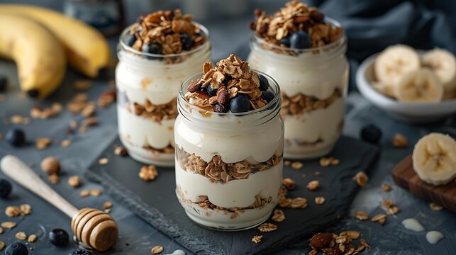 Healthy yogurt parfaits with granola and berries for breakfast - Powered by Adobe