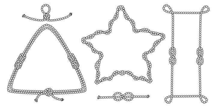 Nautical rope frames set isolated on white background. Vector illustration of triangle, star, rectangle shape borders with marine knots and cord texture, hand drawn sketch, pirate design elements