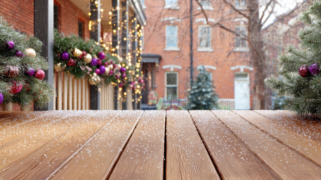 Snowy wooden porch with christmas garlands and pine trees in a festive residential neighborhood