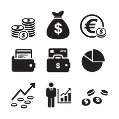 Black Silhouette Vector Icons for Finance, Business, Banking, and Investment.