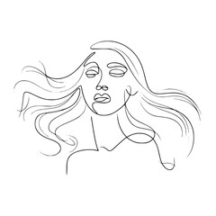 Elegant line art portrait of beautiful woman with flowing hair, modern minimalist design style