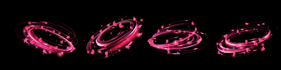 Flower fragrance swirl with pink petals and light effects - realistic blossom scent trail with magic burst. Floral perfume particles blowing in breeze with elegant sparkle and flowing motion. © klyaksun